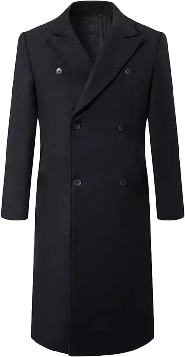 Mens Lapel Overcoat Winter Warm Wool Long Coats Double Breasted Solid Woolen Blend Peacoat Button Up Long Jackets
