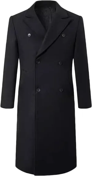 Mens Lapel Overcoat Winter Warm Wool Long Coats Double Breasted Solid Woolen Blend Peacoat Button Up Long Jackets