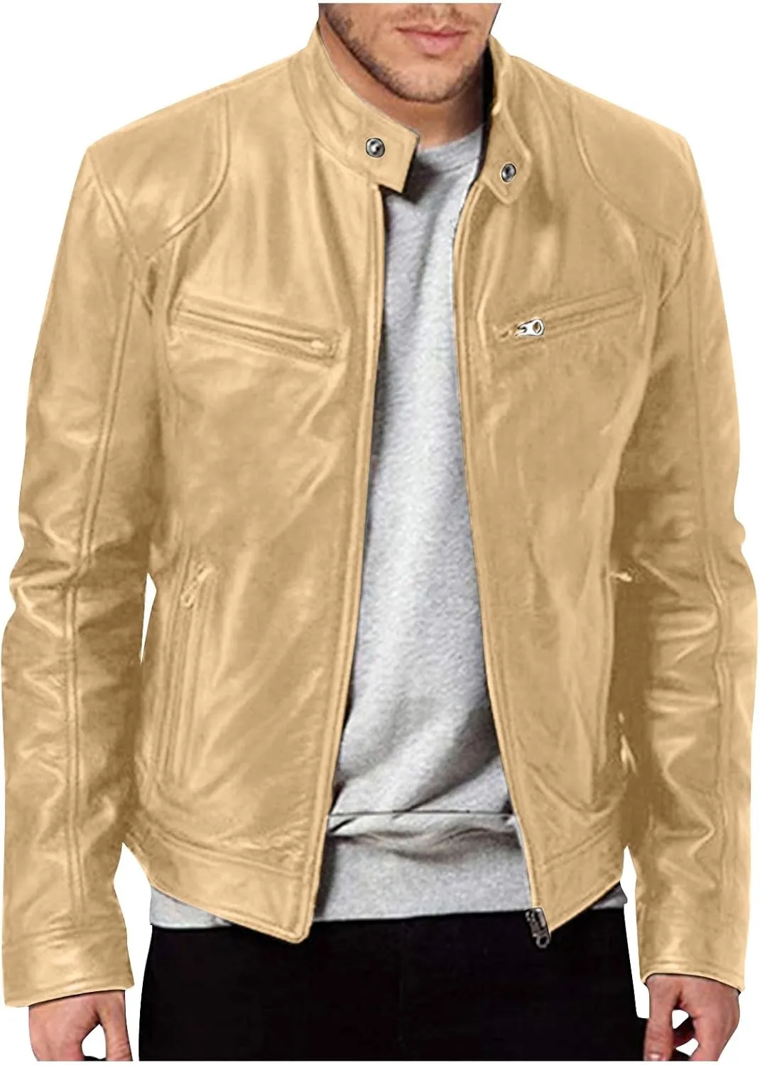 Men'S Leather Jacket Fashion Men Autumn Winter Warm Casual Leather Zipper Long Sleeve Jacket Coat