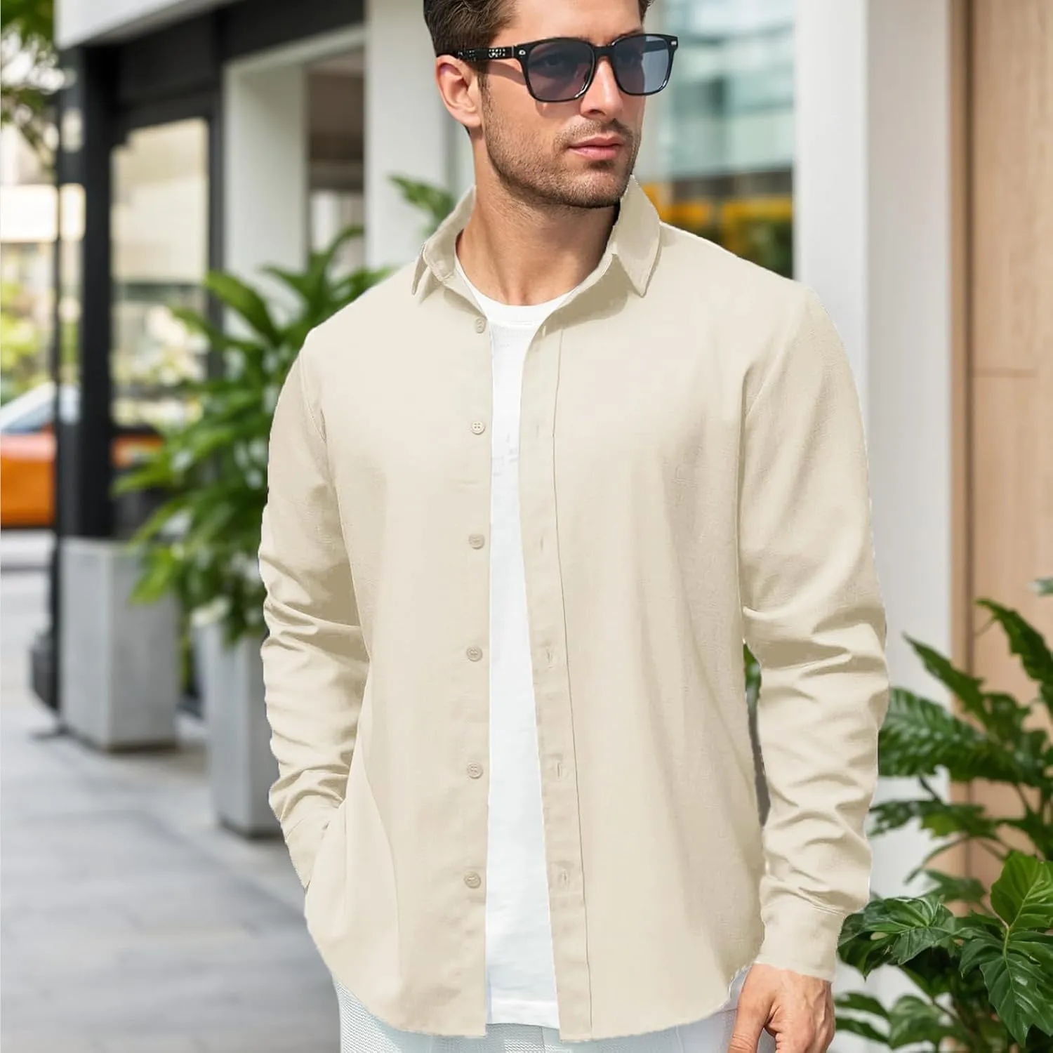 Men's Long Sleeve Button Down Cotton Linen Shirt Casual Lightweight Beach Shirt