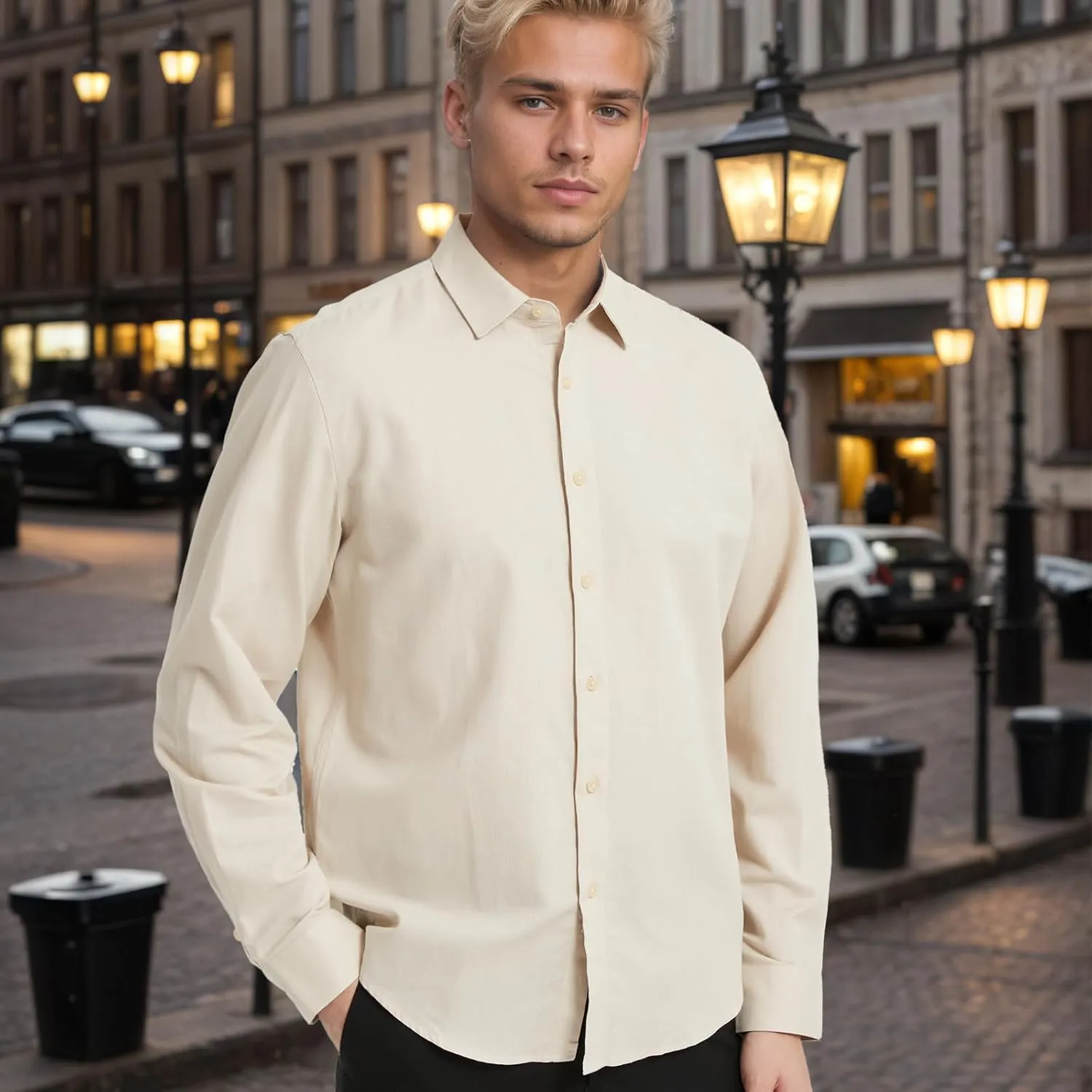 Men's Long Sleeve Button Down Cotton Linen Shirt Casual Lightweight Beach Shirt