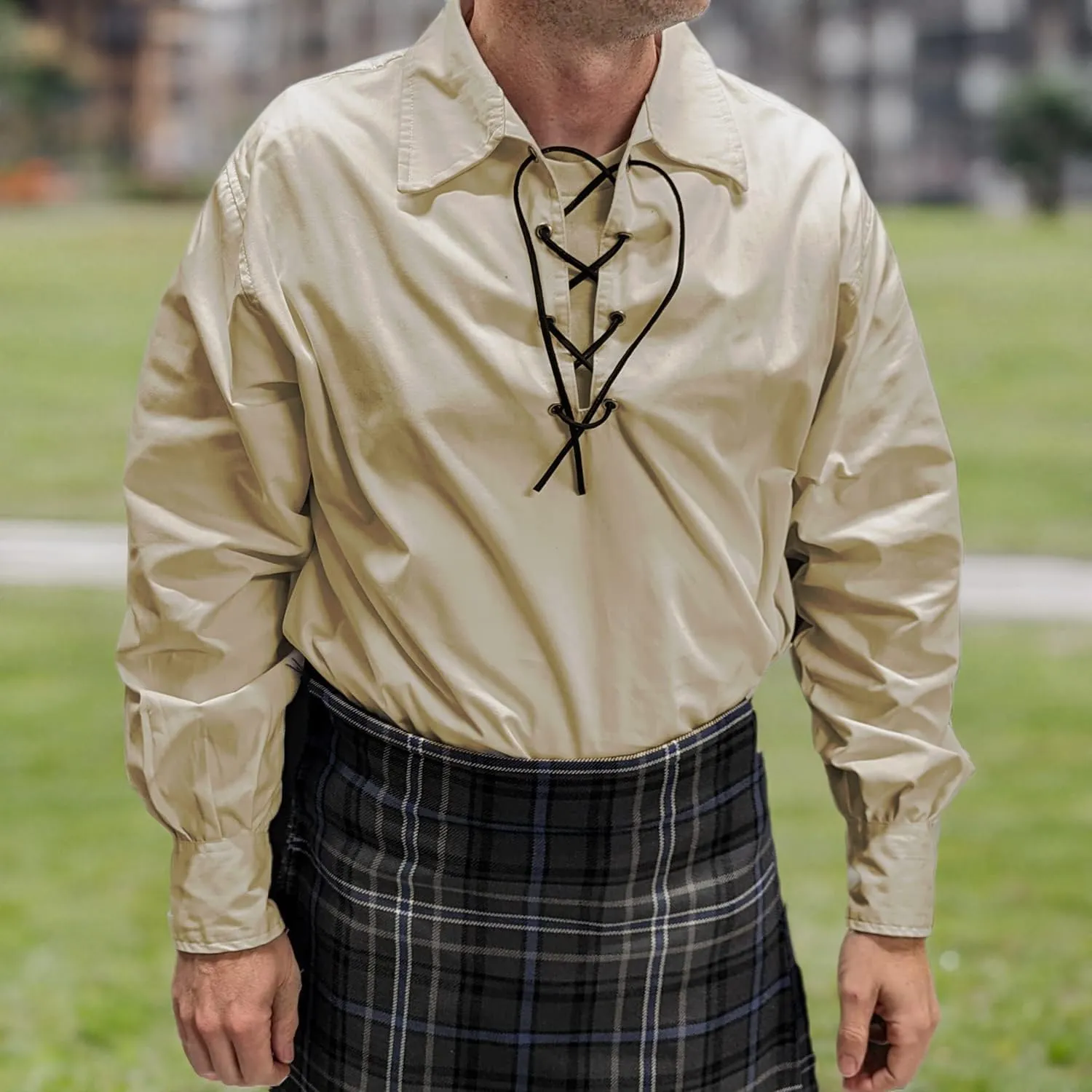 Mens Long Sleeve Shirt, Jacobite Ghillie Shirt for Kilts, w/Leather Tie