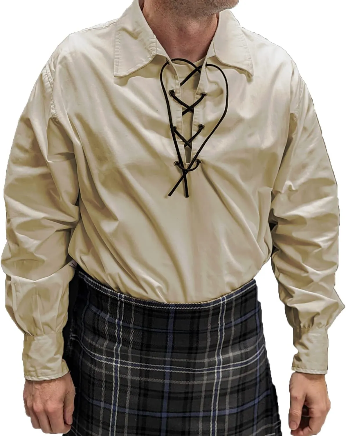 Mens Long Sleeve Shirt, Jacobite Ghillie Shirt for Kilts, w/Leather Tie