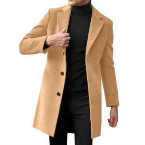 Men's Long Trench Coat Notched Collared Button Down Pea Coat Fall Winter Windproof Windbreaker Jackets Trendy Outfits