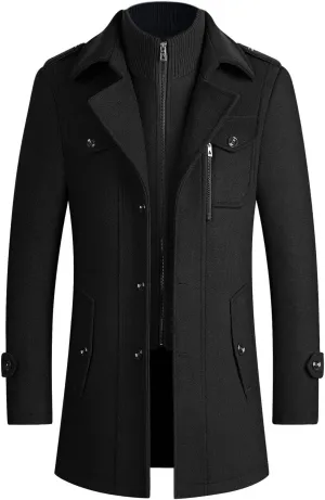 Mens Mid Length Trench Coat Big and Tall Wool Trench Coat Zip Up Pea Coat Slim Fit Lapel Jacket with Pockets