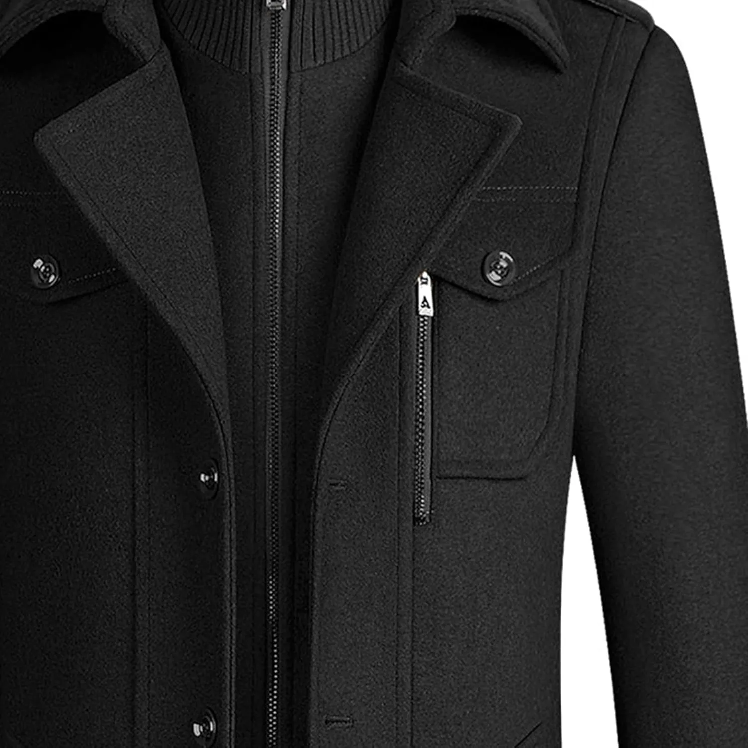 Mens Mid Length Trench Coat Big and Tall Wool Trench Coat Zip Up Pea Coat Slim Fit Lapel Jacket with Pockets