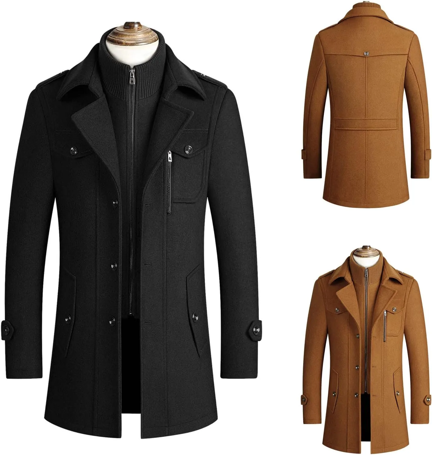 Mens Mid Length Trench Coat Big and Tall Wool Trench Coat Zip Up Pea Coat Slim Fit Lapel Jacket with Pockets