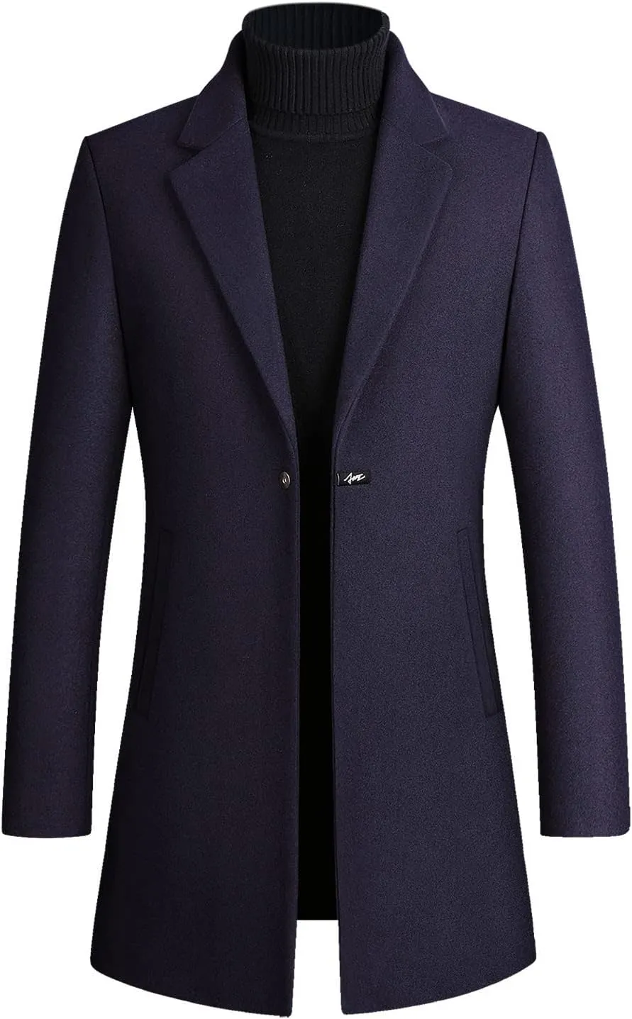 Mens Mid Length Trench Coat Big and Tall Wool Trench Coat Zip Up Pea Coat Slim Fit Lapel Jacket with Pockets