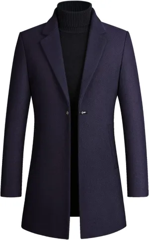 Mens Mid Length Trench Coat Big and Tall Wool Trench Coat Zip Up Pea Coat Slim Fit Lapel Jacket with Pockets