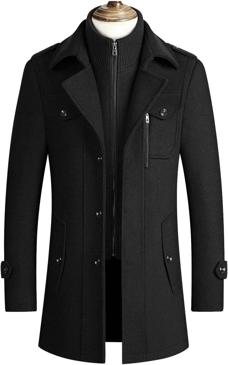 Mens Mid Length Trench Coat Big and Tall Wool Trench Coat Zip Up Pea Coat Slim Fit Lapel Jacket with Pockets