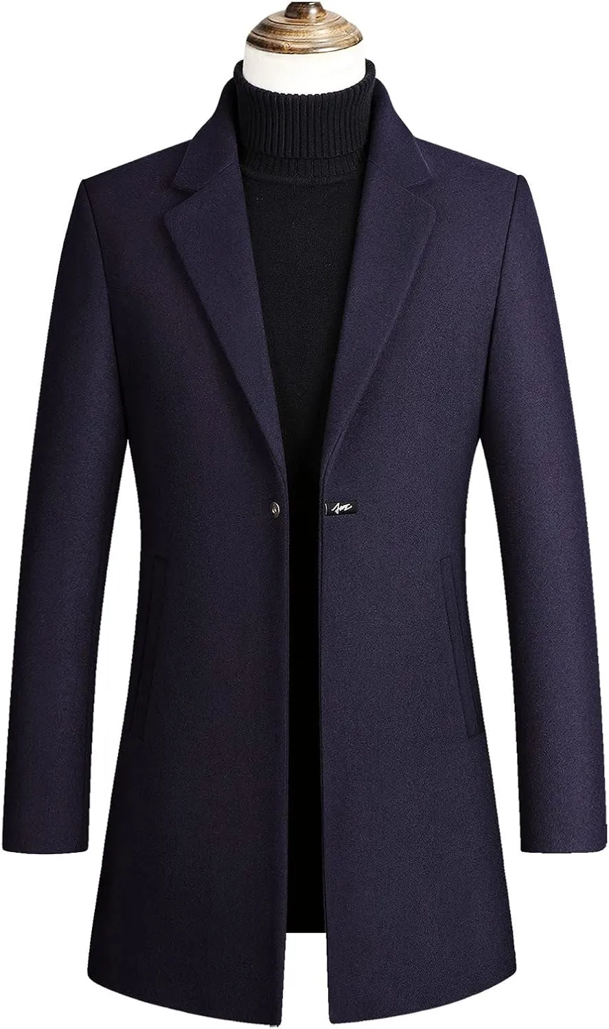 Mens Mid Length Trench Coat Big and Tall Wool Trench Coat Zip Up Pea Coat Slim Fit Lapel Jacket with Pockets