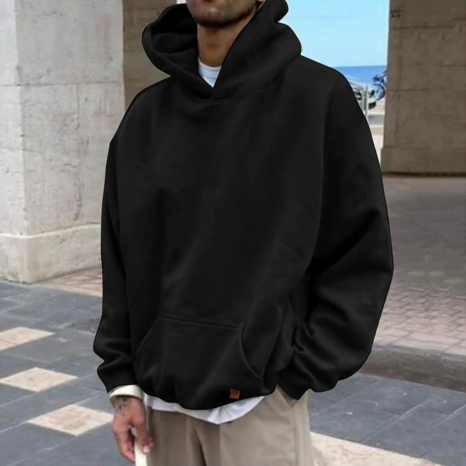 Mens Oversized Hoodies Pullover Solid Vintage Long Sleeve Sweatshirt Heavyweight Baggy Streetwear Top Athletic
