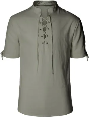 Men's Pirate Shirt Renaissance Medieval Viking Shirt Linen Short Sleeve Lace Up Top Halloween Costume
