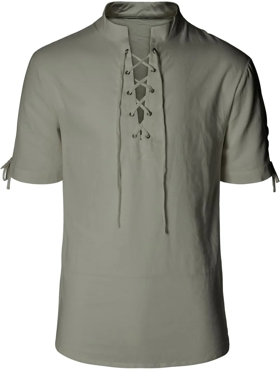 Men's Pirate Shirt Renaissance Medieval Viking Shirt Linen Short Sleeve Lace Up Top Halloween Costume