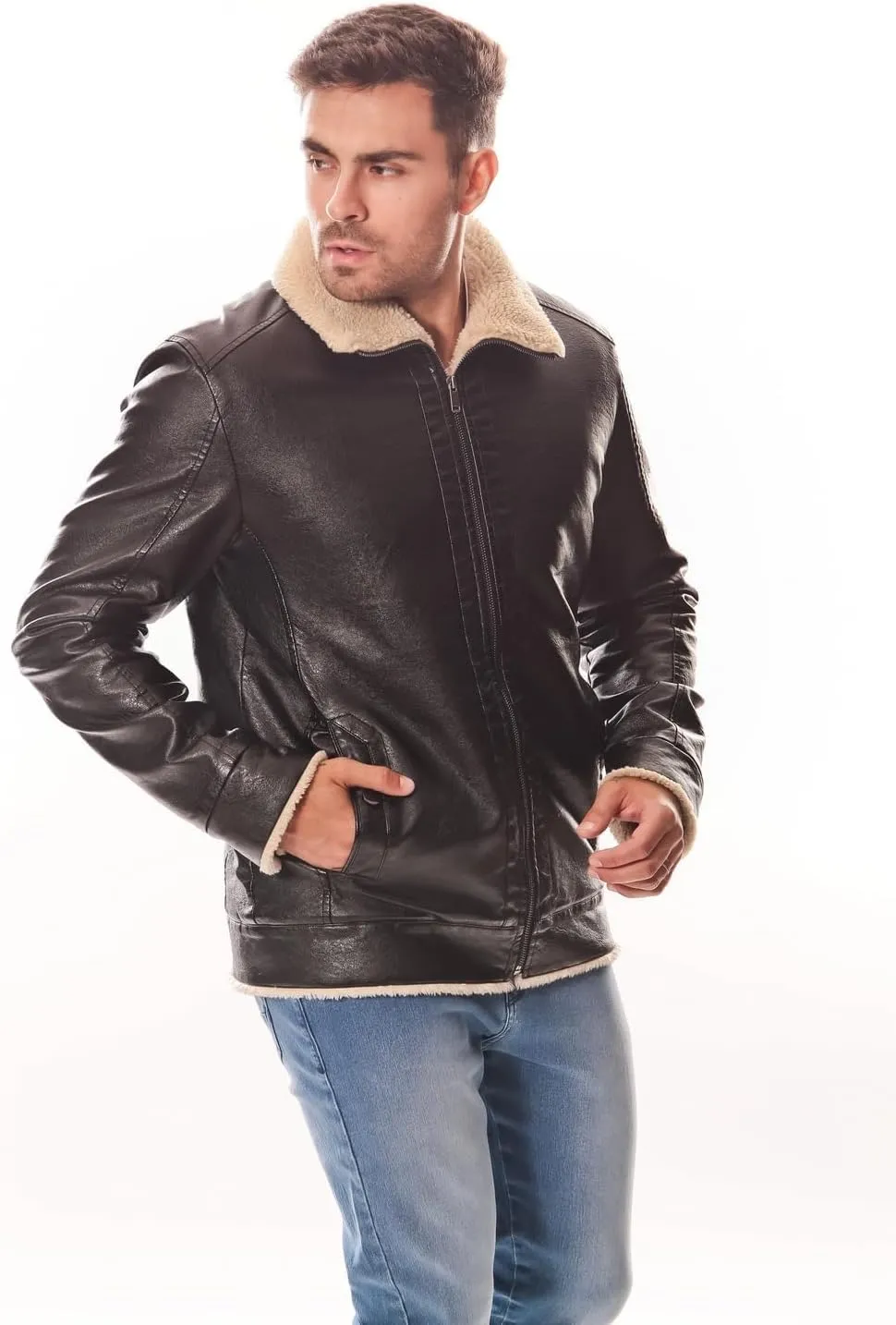 Men's PU Faux Leather Winter Jacket  Fleece Lined, Zipper Down, Warm, Stylish, Water-Resistant, Comfortable & Durable