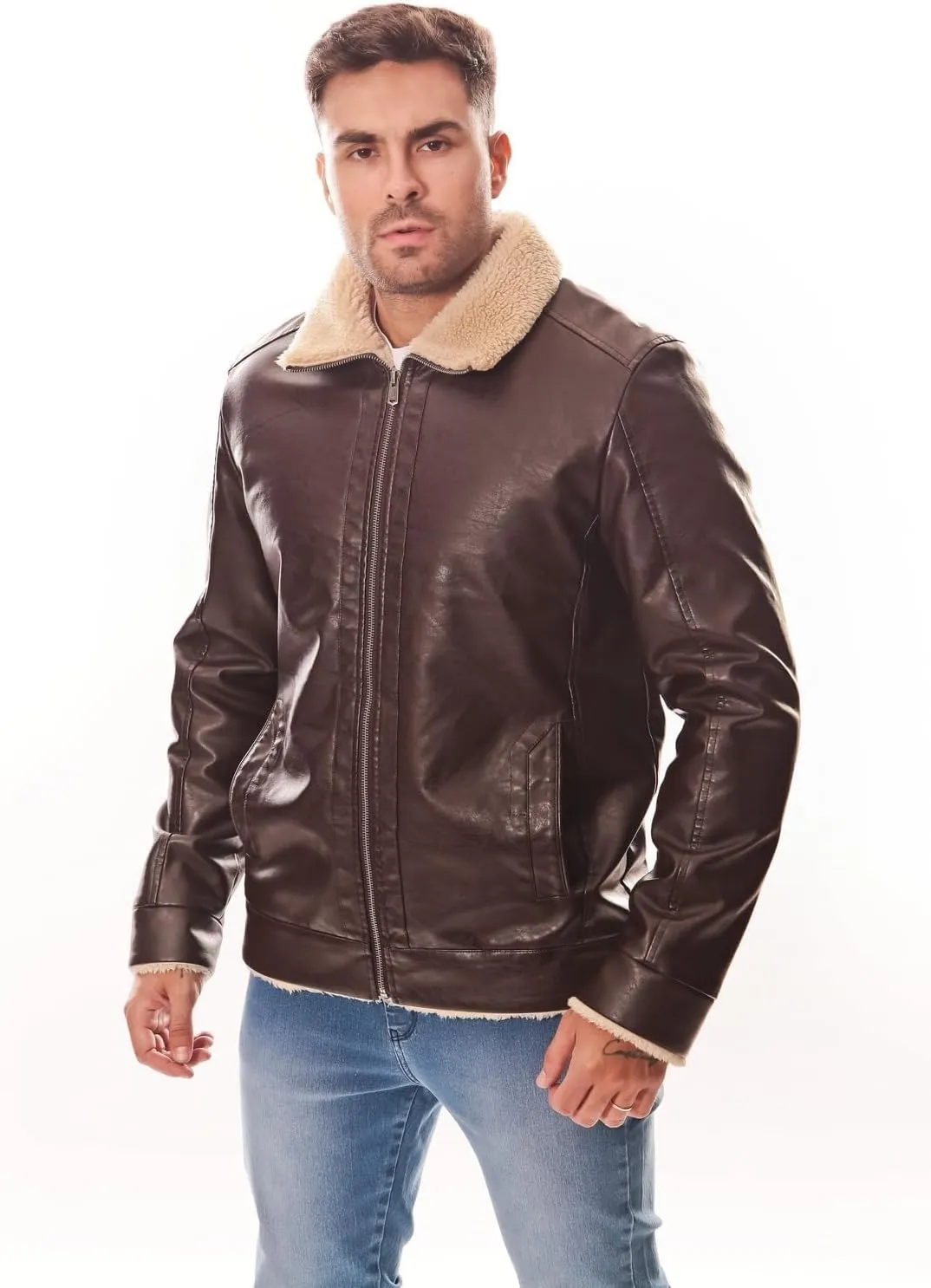 Men's PU Faux Leather Winter Jacket  Fleece Lined, Zipper Down, Warm, Stylish, Water-Resistant, Comfortable & Durable