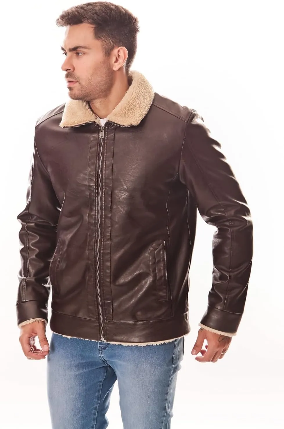 Men's PU Faux Leather Winter Jacket  Fleece Lined, Zipper Down, Warm, Stylish, Water-Resistant, Comfortable & Durable