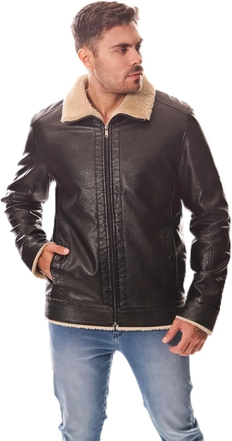 Men's PU Faux Leather Winter Jacket  Fleece Lined, Zipper Down, Warm, Stylish, Water-Resistant, Comfortable & Durable