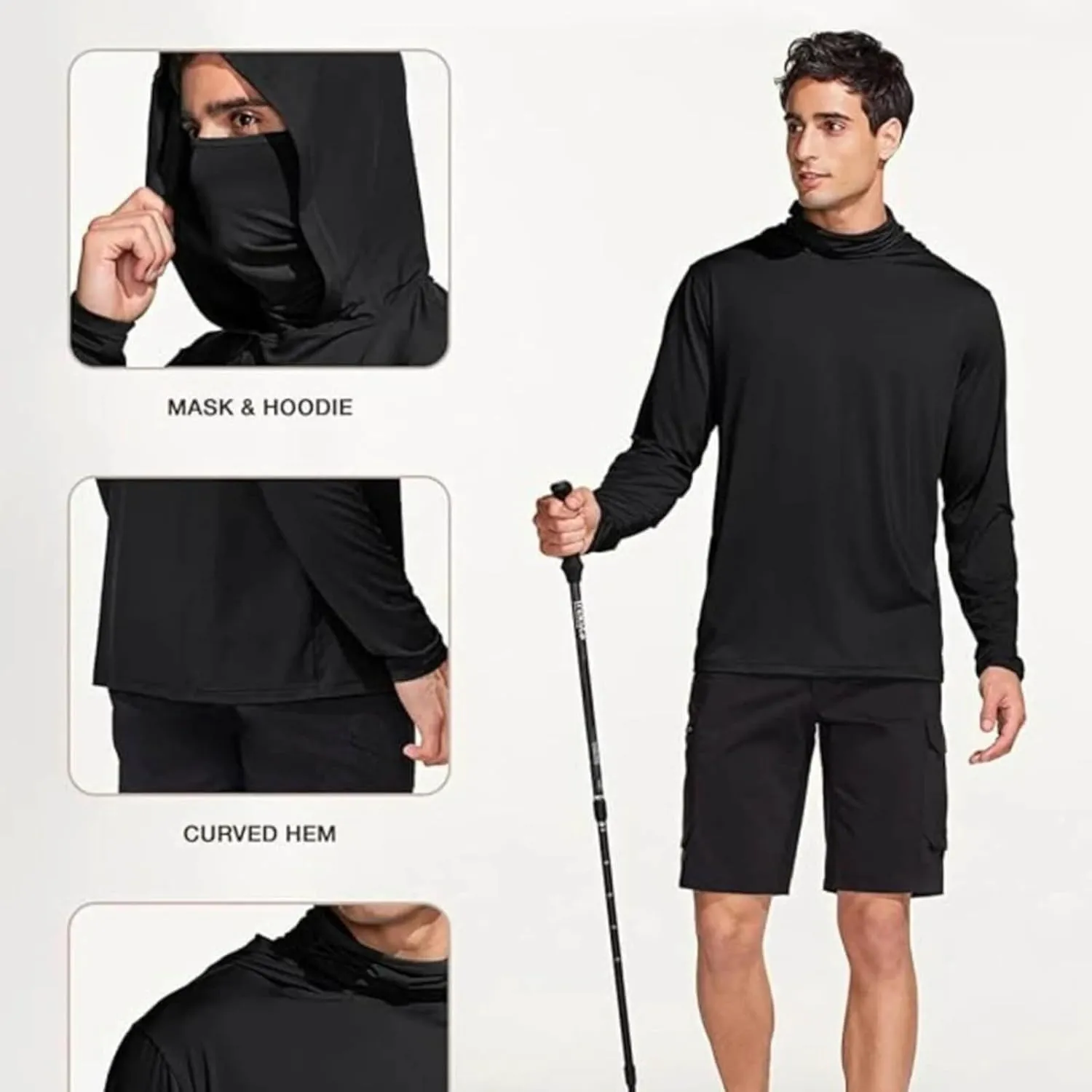 Men's Rash Guard Sun Hoodie with Mask UPF 50  Long Sleeve Shirt Outdoor Lightweight Quick Dry Hooded Fishing Shirt
