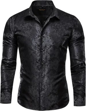 Mens Silk Paisley Dress Shirt Casual Button Down Shirt Long Sleeve Western Floral Shirts Wedding Party Holiday