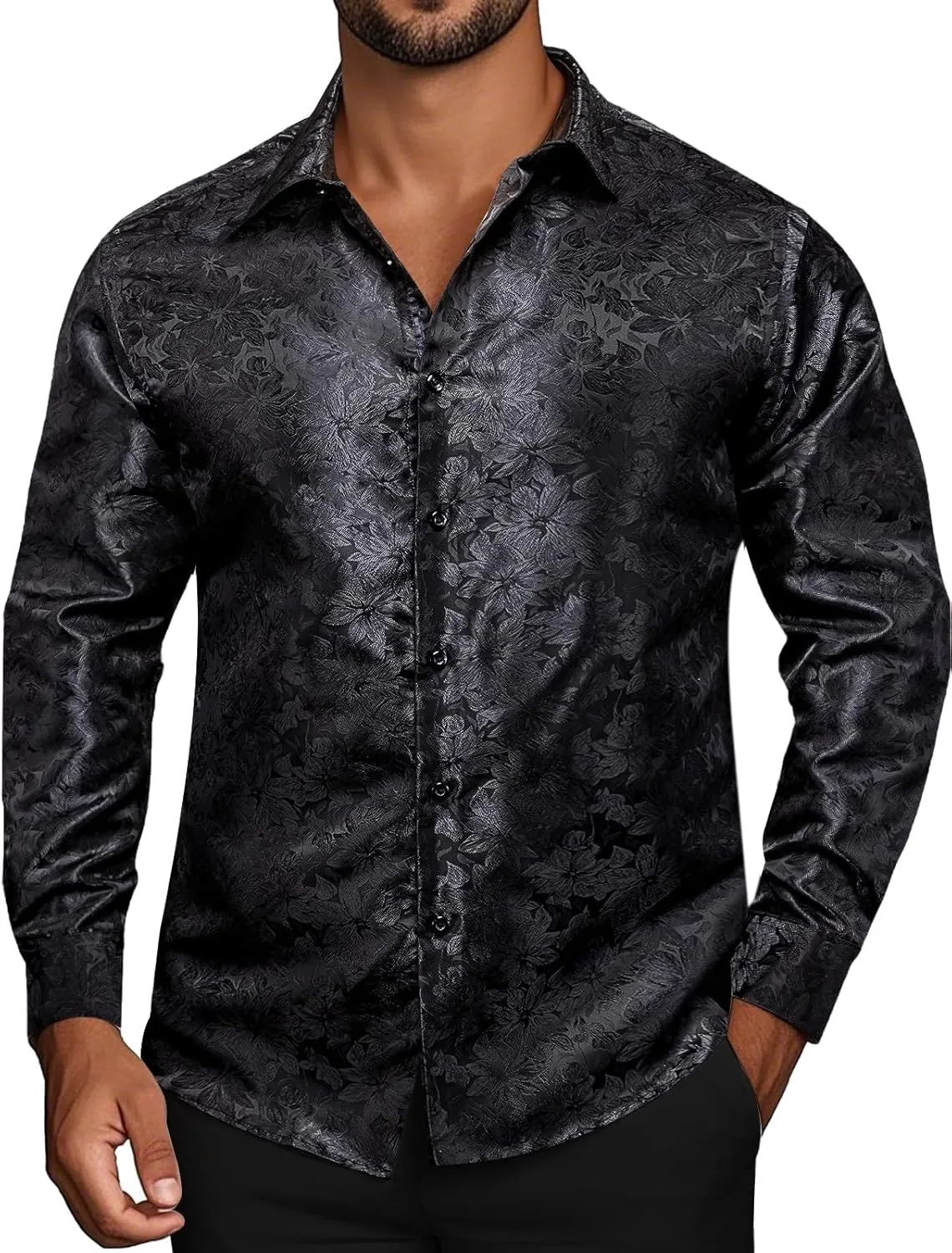 Mens Silk Paisley Dress Shirt Casual Button Down Shirt Long Sleeve Western Floral Shirts Wedding Party Holiday