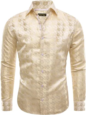Mens Silk Paisley Dress Shirt Casual Button Down Shirt Long Sleeve Western Floral Shirts Wedding Party Holiday
