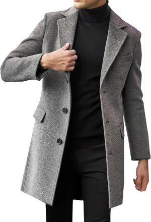 Men's Trench Coat Winter Warm Slim Fit Notch Lapel Single Breasted Top Coat Cotton Business Long Jacket Overcoat