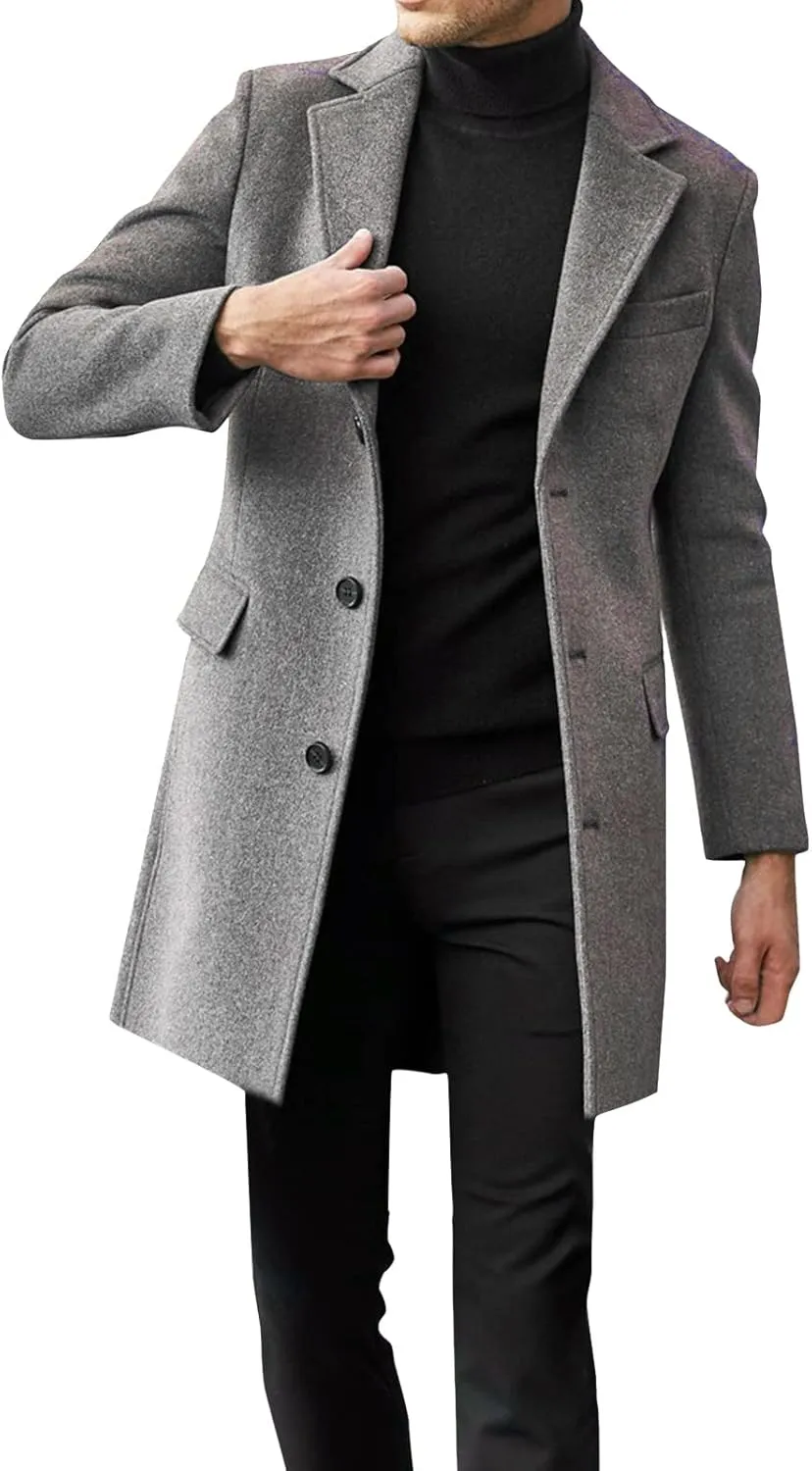 Men's Trench Coat Winter Warm Slim Fit Notch Lapel Single Breasted Top Coat Cotton Business Long Jacket Overcoat