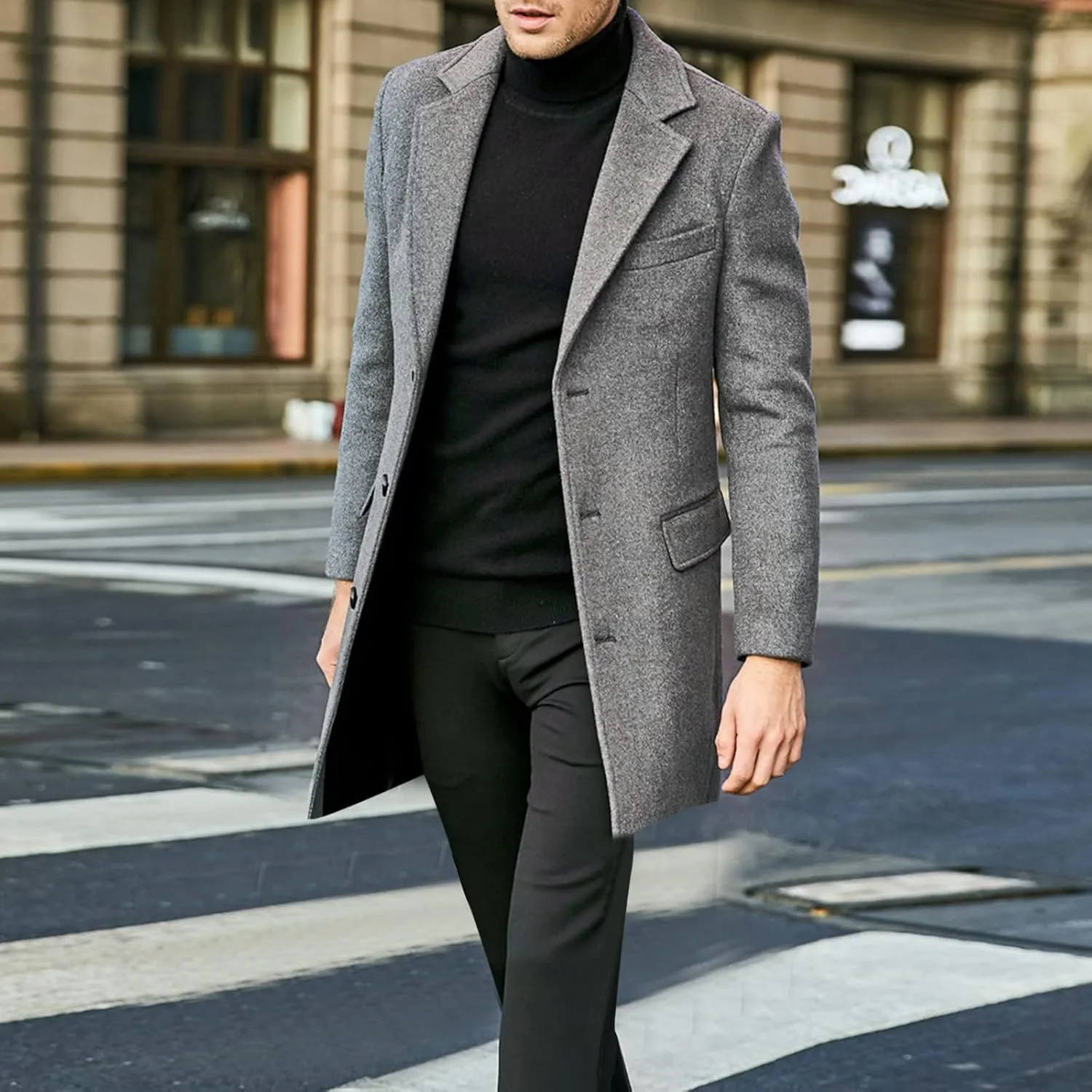 Men's Trench Coat Winter Warm Slim Fit Notch Lapel Single Breasted Top Coat Cotton Business Long Jacket Overcoat