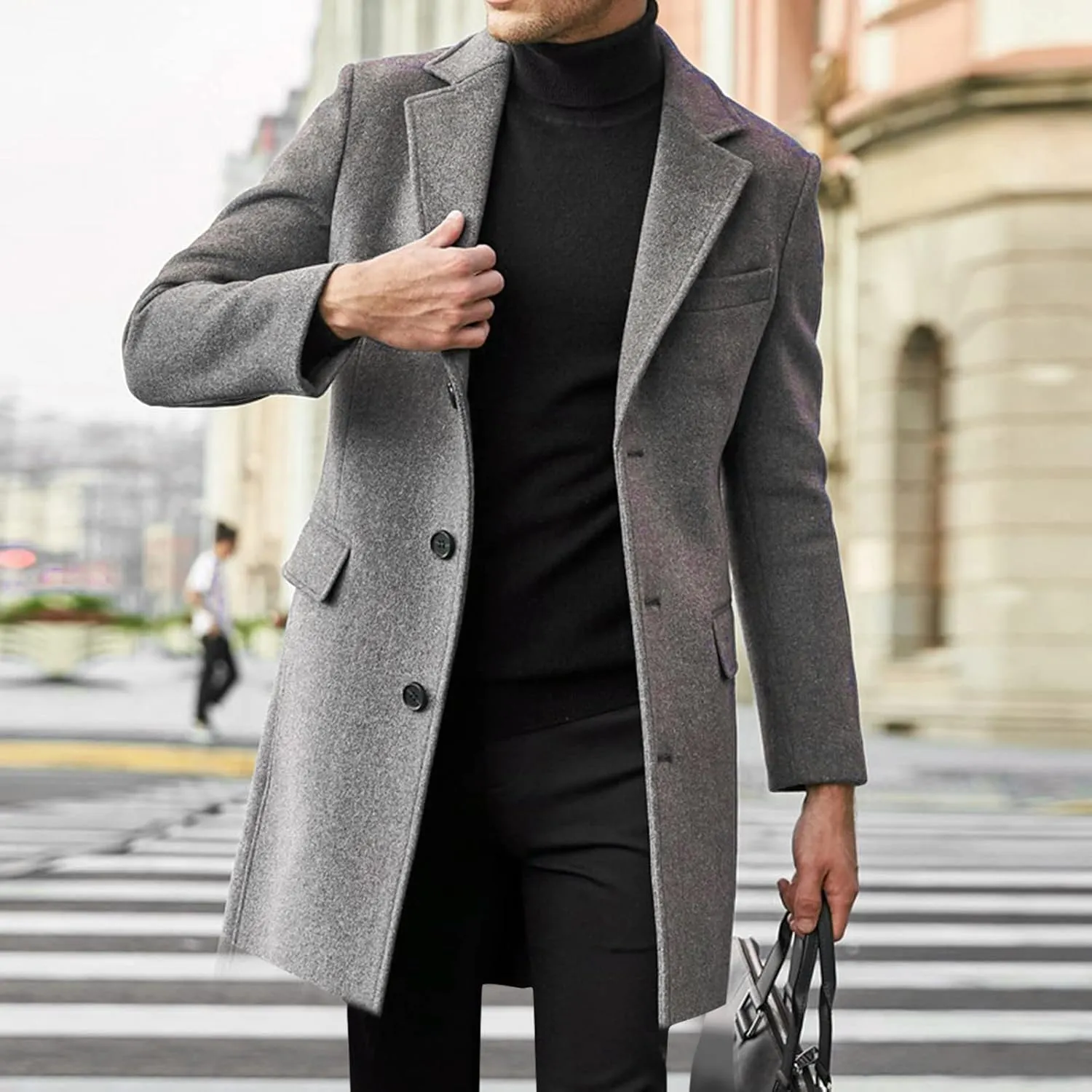 Men's Trench Coat Winter Warm Slim Fit Notch Lapel Single Breasted Top Coat Cotton Business Long Jacket Overcoat