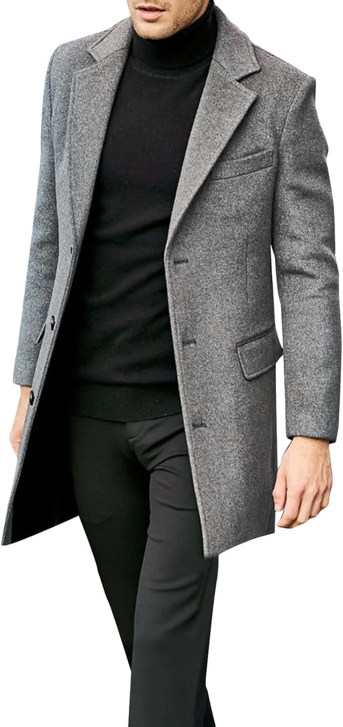 Men's Trench Coat Winter Warm Slim Fit Notch Lapel Single Breasted Top Coat Cotton Business Long Jacket Overcoat