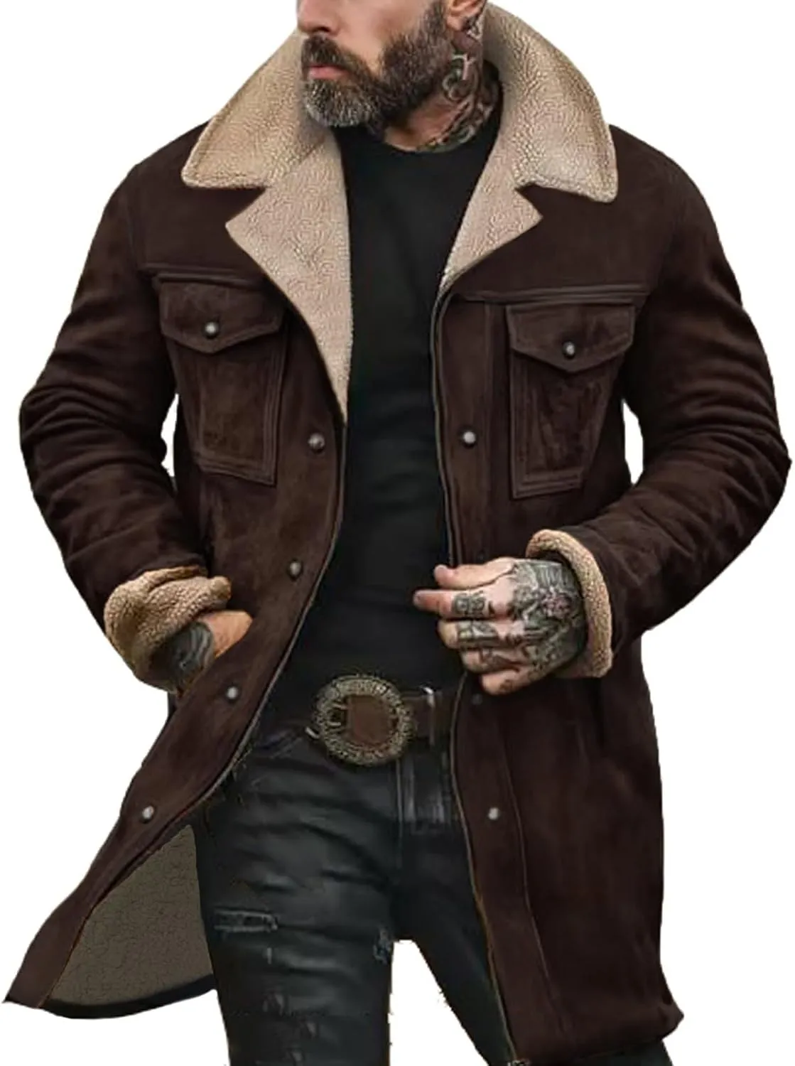 Men's Vintage Suede Jackets Fashion Plush Collar Western Cowboy Coats Distressed Faux Leather Motorcycle Jackets