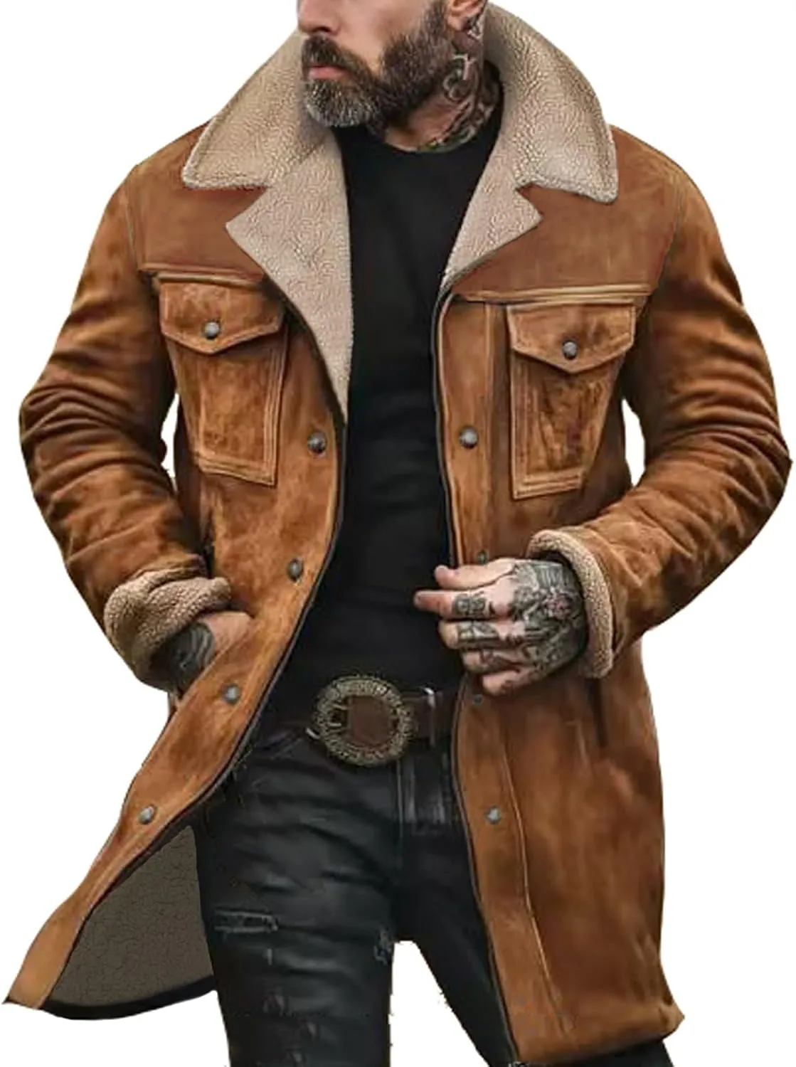 Men's Vintage Suede Jackets Fashion Plush Collar Western Cowboy Coats Distressed Faux Leather Motorcycle Jackets