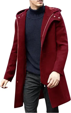 Mens Zip Up Trench Coats Winter Wool Blend Fashion Long Jackets Casual Long Sleeve Mid Length Hooded Overcoat