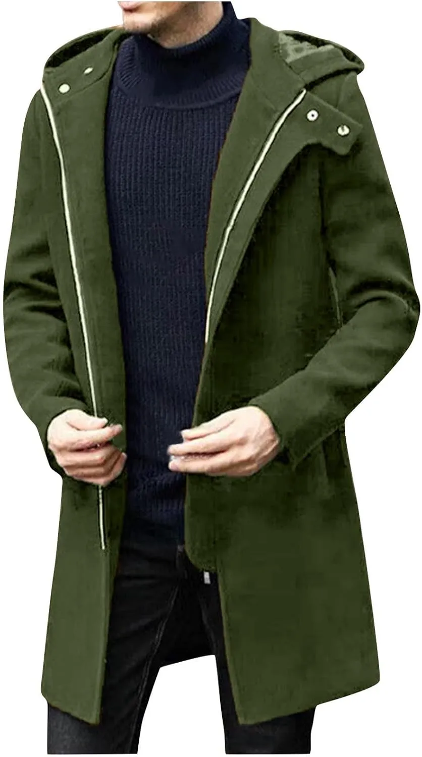 Mens Zip Up Trench Coats Winter Wool Blend Fashion Long Jackets Casual Long Sleeve Mid Length Hooded Overcoat