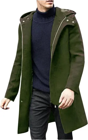 Mens Zip Up Trench Coats Winter Wool Blend Fashion Long Jackets Casual Long Sleeve Mid Length Hooded Overcoat