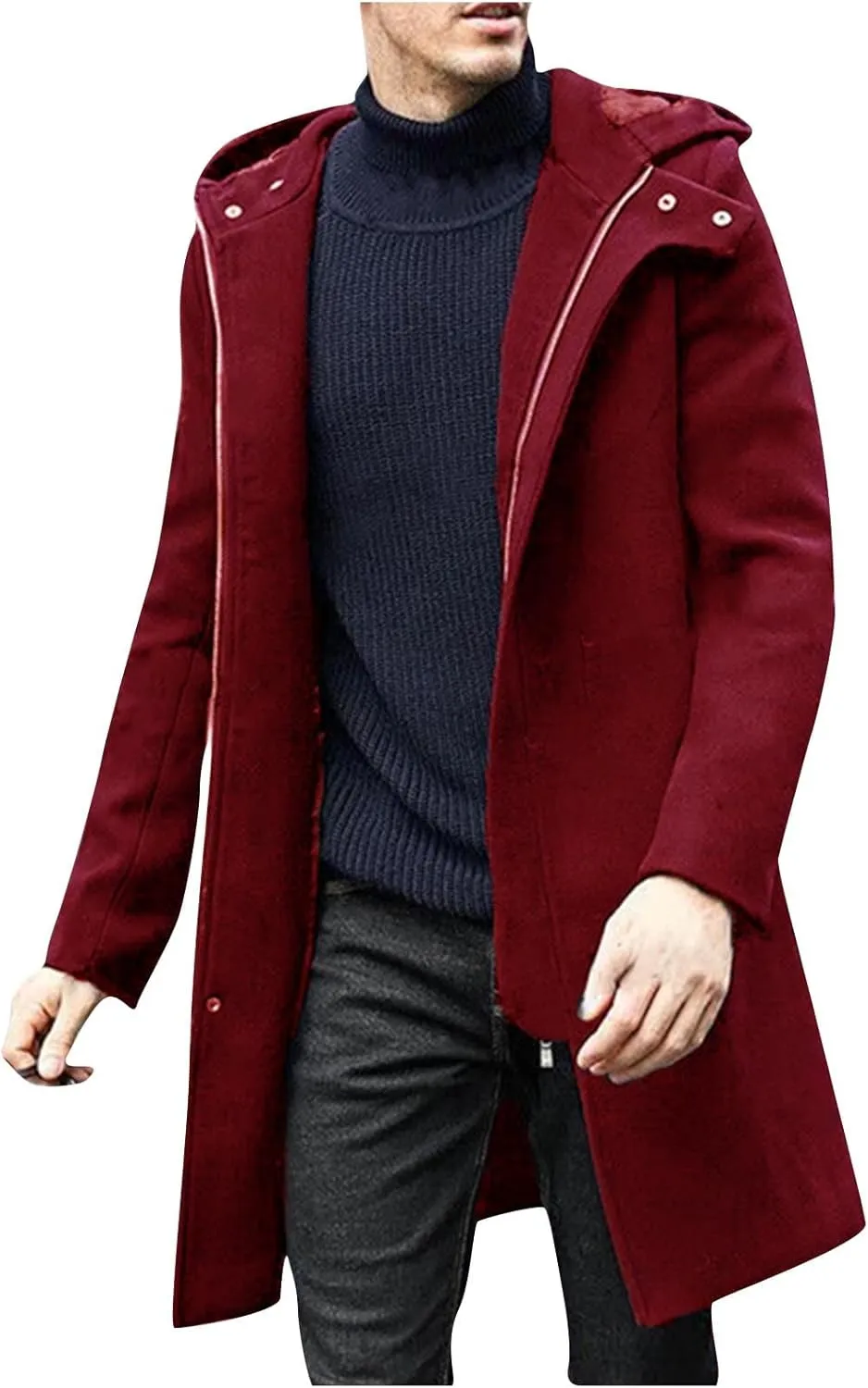 Mens Zip Up Trench Coats Winter Wool Blend Fashion Long Jackets Casual Long Sleeve Mid Length Hooded Overcoat