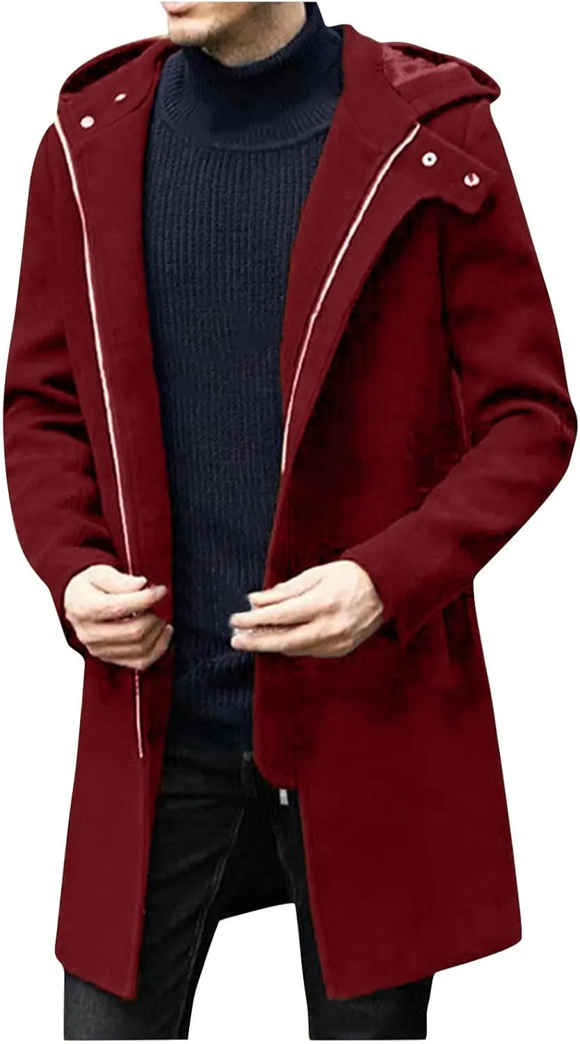 Mens Zip Up Trench Coats Winter Wool Blend Fashion Long Jackets Casual Long Sleeve Mid Length Hooded Overcoat