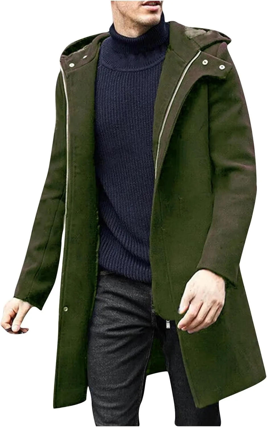 Mens Zip Up Trench Coats Winter Wool Blend Fashion Long Jackets Casual Long Sleeve Mid Length Hooded Overcoat