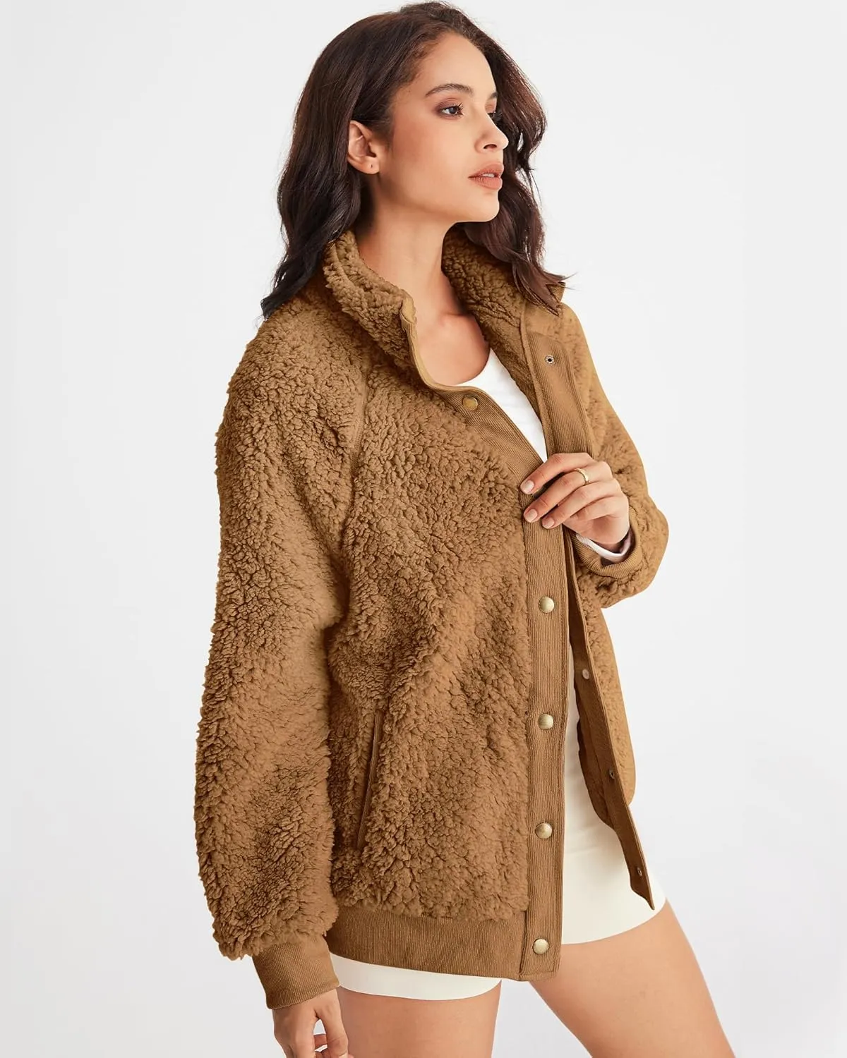 MEROKEETY Women's 2024 Winter Long Sleeve Button Sherpa Jacket Coat Pockets Warm Fleece