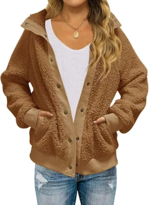 MEROKEETY Women's 2024 Winter Long Sleeve Button Sherpa Jacket Coat Pockets Warm Fleece