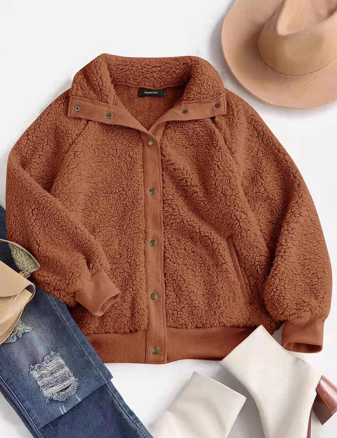 MEROKEETY Women's 2024 Winter Long Sleeve Button Sherpa Jacket Coat Pockets Warm Fleece