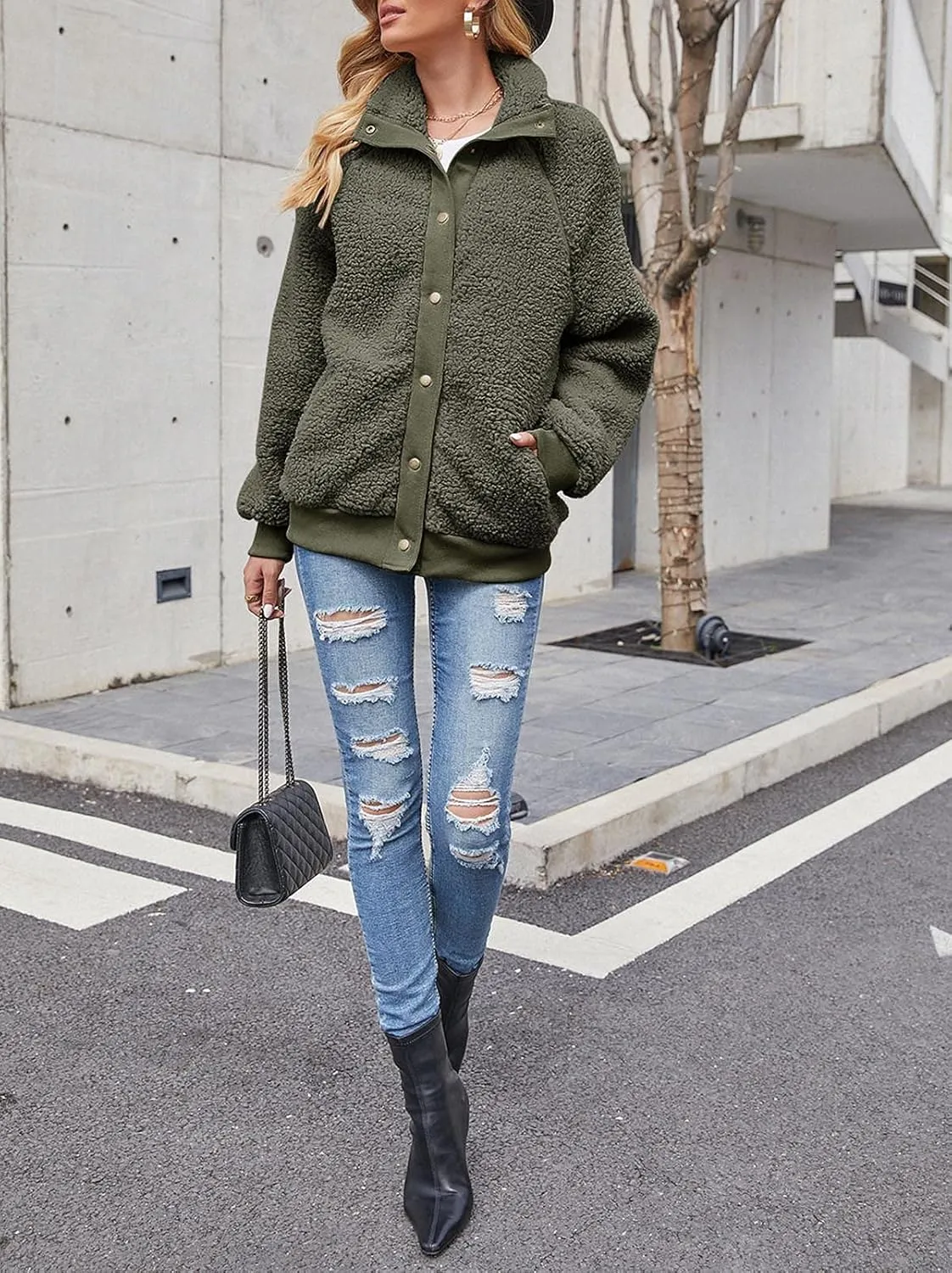 MEROKEETY Women's 2024 Winter Long Sleeve Button Sherpa Jacket Coat Pockets Warm Fleece