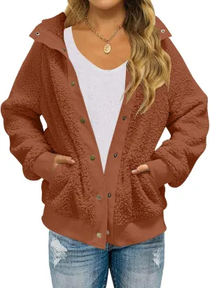 MEROKEETY Women's 2024 Winter Long Sleeve Button Sherpa Jacket Coat Pockets Warm Fleece