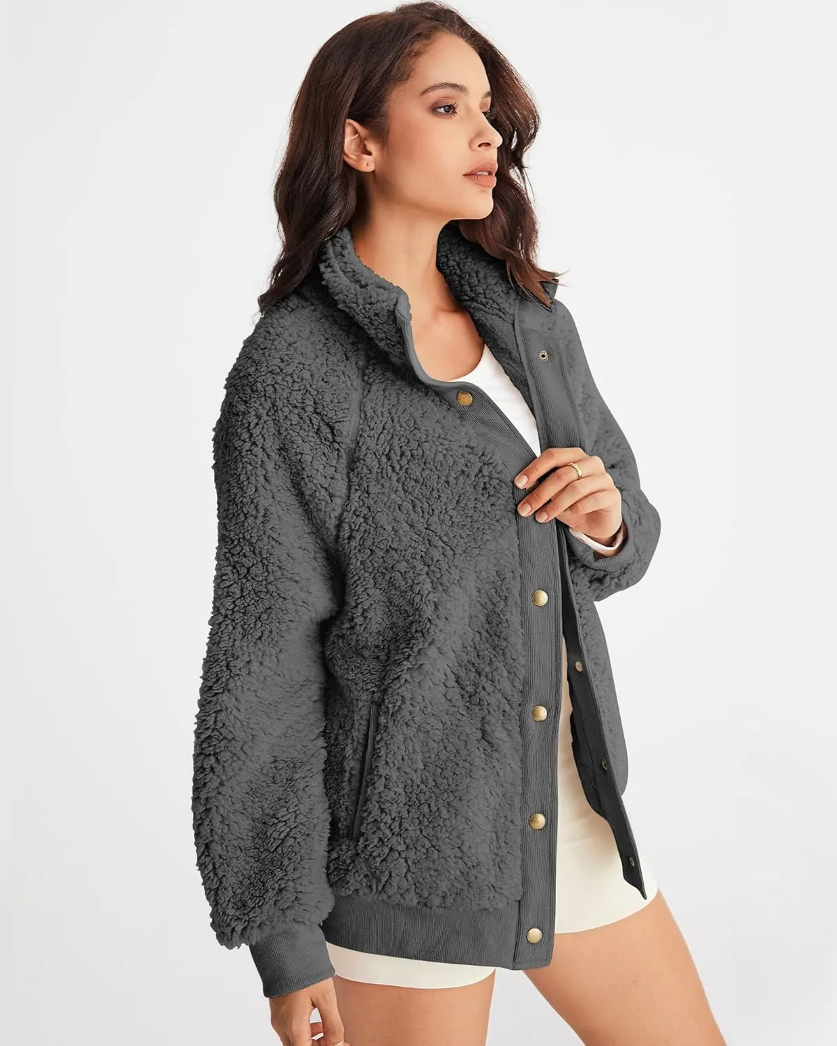 MEROKEETY Women's 2024 Winter Long Sleeve Button Sherpa Jacket Coat Pockets Warm Fleece
