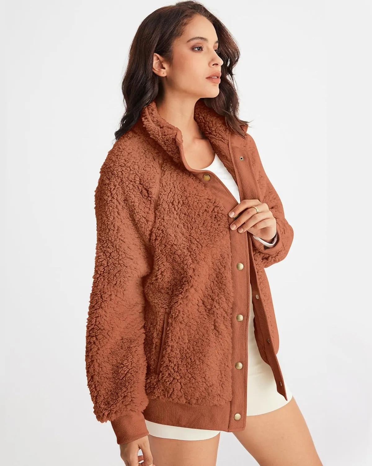 MEROKEETY Women's 2024 Winter Long Sleeve Button Sherpa Jacket Coat Pockets Warm Fleece