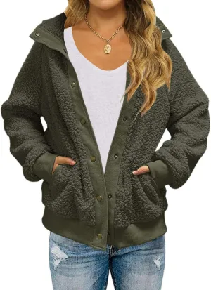 MEROKEETY Women's 2024 Winter Long Sleeve Button Sherpa Jacket Coat Pockets Warm Fleece