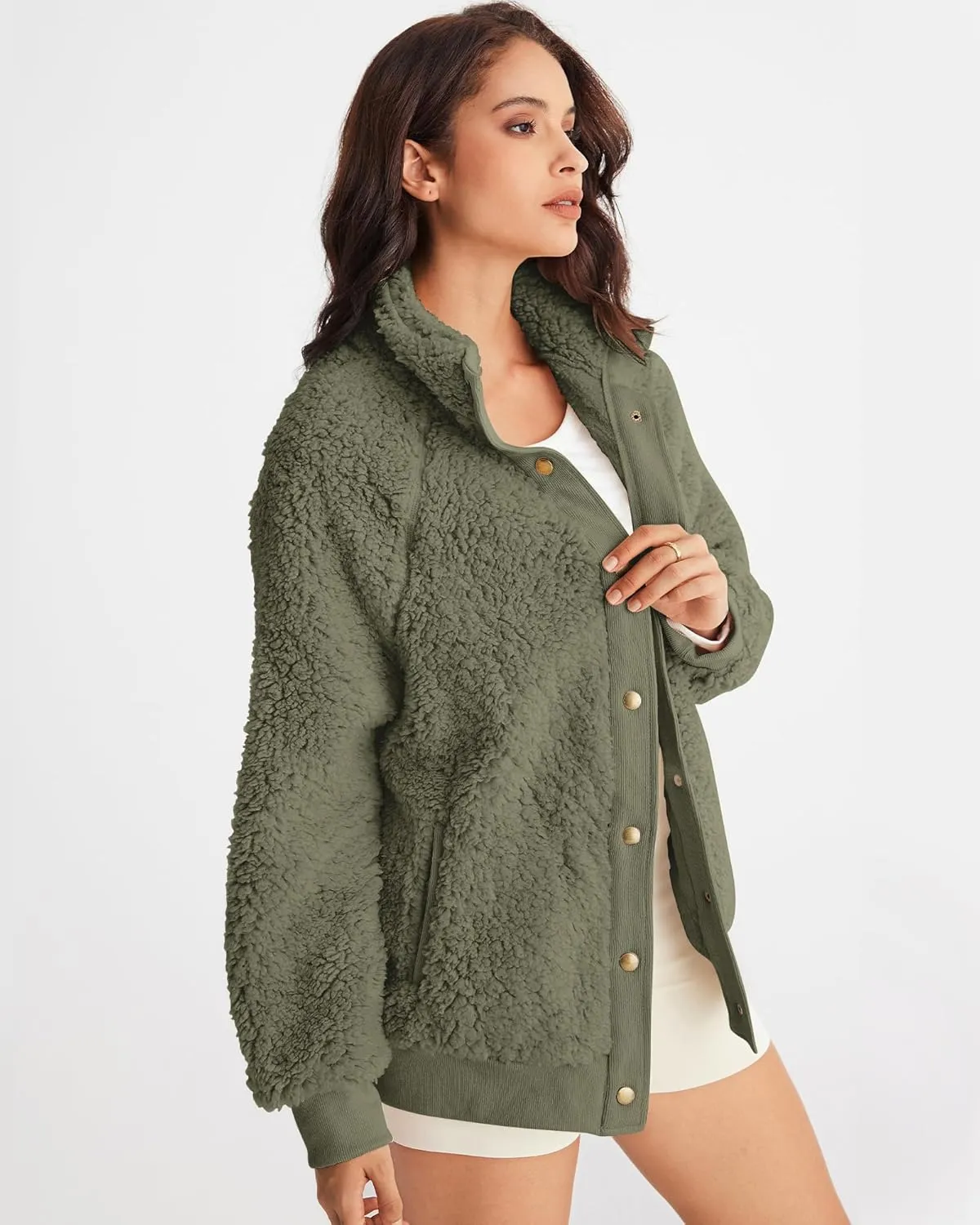 MEROKEETY Women's 2024 Winter Long Sleeve Button Sherpa Jacket Coat Pockets Warm Fleece