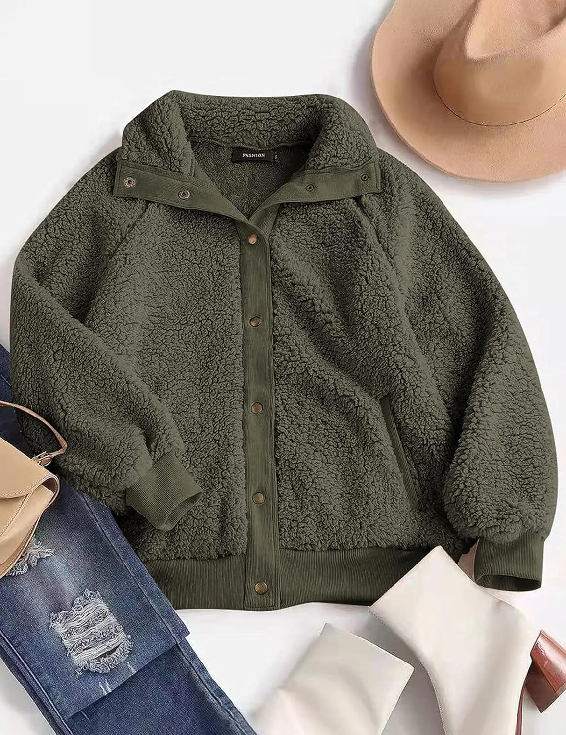 MEROKEETY Women's 2024 Winter Long Sleeve Button Sherpa Jacket Coat Pockets Warm Fleece