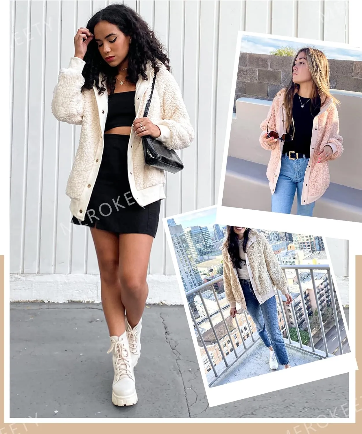 MEROKEETY Women's 2024 Winter Long Sleeve Button Sherpa Jacket Coat Pockets Warm Fleece